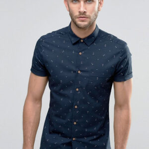 Men’s Navy Blue Printed Slim-Fit Casual Shirt