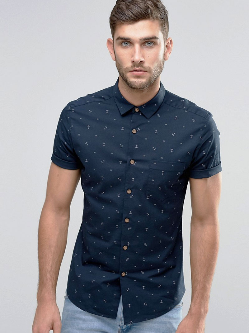 Men’s Navy Blue Printed Slim-Fit Casual Shirt