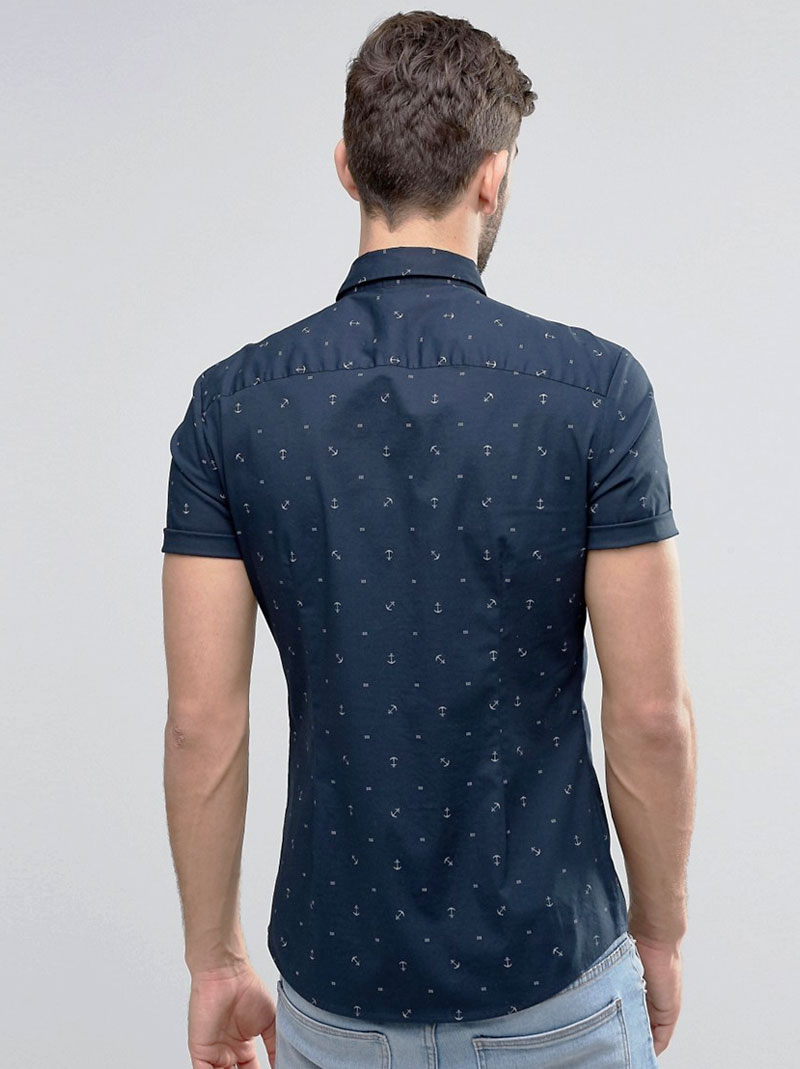 Men’s Navy Blue Printed Slim-Fit Casual Shirt